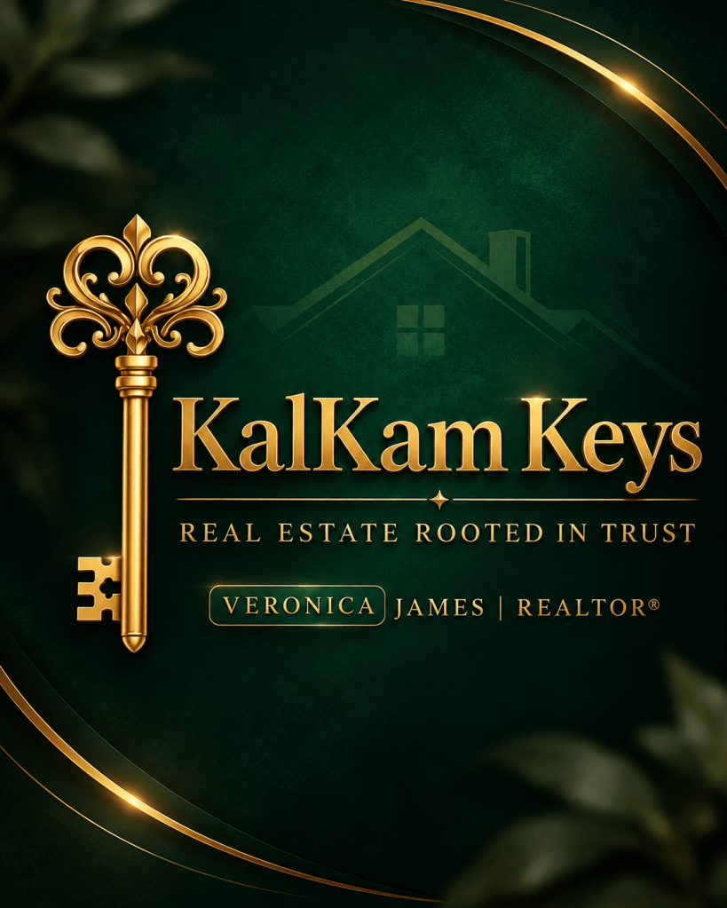 KalKam Keys luxury emerald-and-gold real estate brand artwork featuring an ornate gold key and the words Real Estate Rooted in Trust